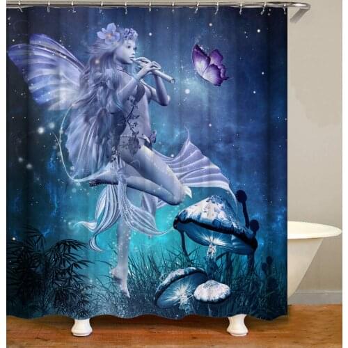 Sexy Angel Playing Flute Fantasy Starry Sky Mushroom Night Scenery Blue Fabric Bathroom Curtains