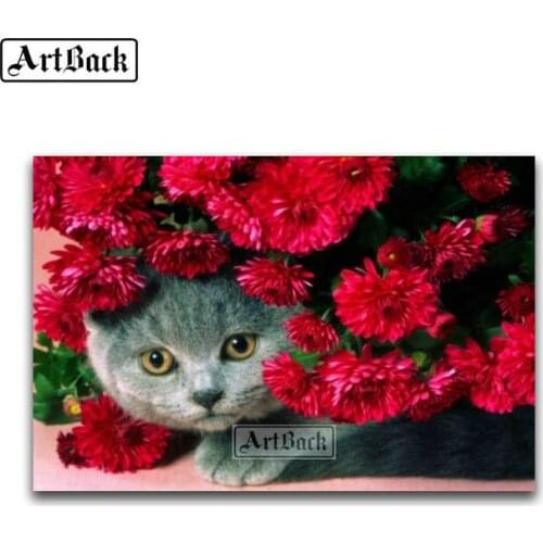 Sale 5D Diamond Painting Cat Flowers Full Square / Round Diamond Embroidery Mosaic Flowers 3d Rhinestone Home Decor