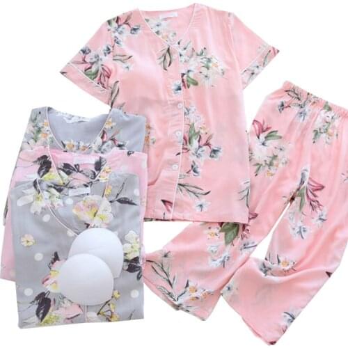 Spring Autumn Cotton Satin Women V-Neck Floral Printed Pajamas Set Ladies Soft Household Sleepwear Casual Wear With Chest Pad