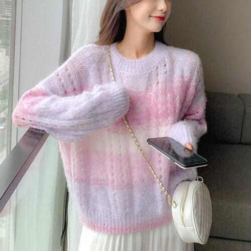 Knitted Pullover Sweater Women Rainbow Sweet Sweater Loose Long Sleeve Chic Casual Korean Sweater Womens Clothing Autumn