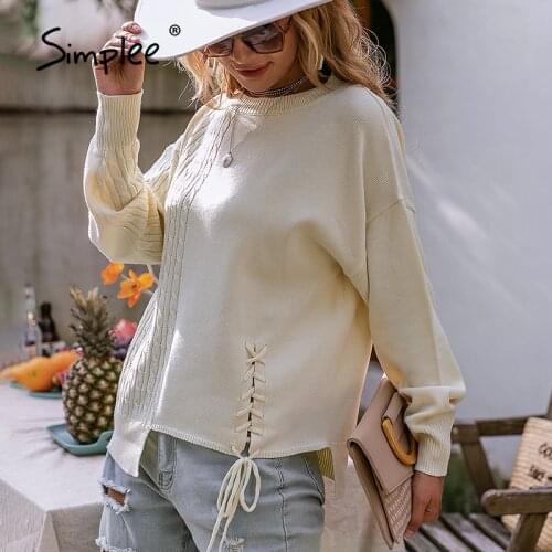 Simplee Casual lace up female long sleeve autumn sweater Holiday splicing pullover vintage women Irregular knitted fashion top