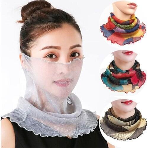 Women Face Cover Masks Fashion Bright Silk Bib Neck Cover Sun Protection Hanging Ear Veil Summer Scarf Breathable Mesh Headband