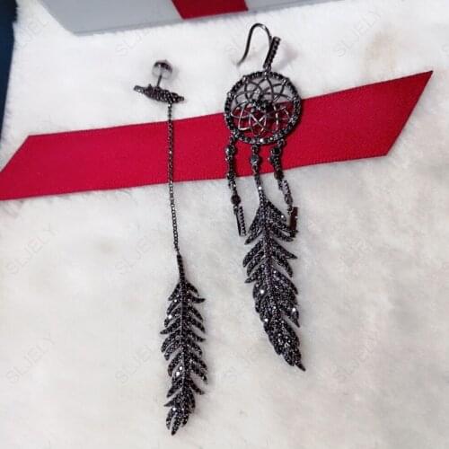 SLJELY Fashion Real 925 Sterling Silver Asymmetric Black Dreamcatcher Feather Earrings Paved Cubic Zirconia Women Party Jewelry