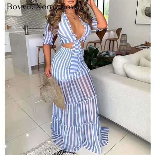 Women Half Sleeve Ruffles Tie Up Crop Top and Maxi Skirt Set Two Piece Elegant Dress Suits
