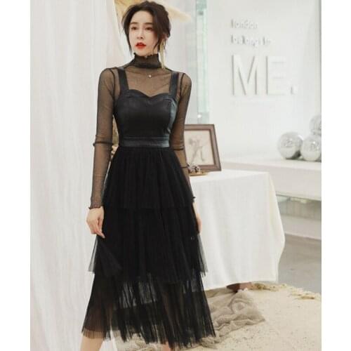 Fashion Korean Women Vintage Sexy Perspective Long Sleeve Top T-Shirt Faux Leather PU Mesh Strap Midi Dress Female 2 Pieces Set
