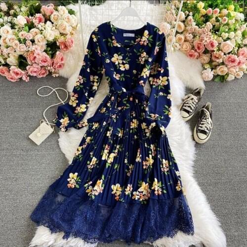 Elegant V-neck Lace Patchwork Women Dress Long Sleeve Floral Print Bandage Midi Dress 2021 Autumn High waist Party Vestidos