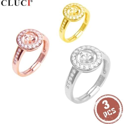 CLUCI 3pcs 925 Sterling Silver Round Zircon Rings Jewelry Women Pearl Ring Mounting Silver 925 Rings Jewelry SR2185SB