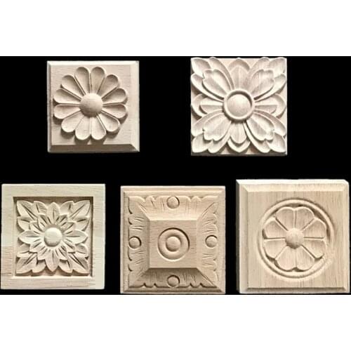 6PCS 4CM Wood Applique Onlay Decal Figurines Wooden Carved Decor Unpainted Large Crown Leaves Oval Flower Furniture Doors Home