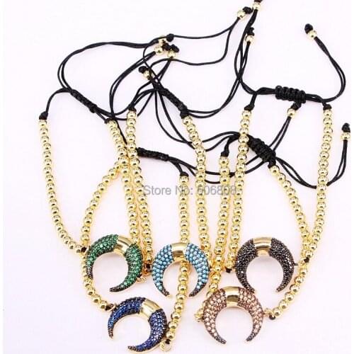 6PCS ZYZ-B7159 Double Horn /Crescent Moon Bead Chain Charm bracelet Braiding Women Macrame Bracelet CZ Jewelry
