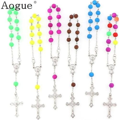 8mm Fluorescent Colors Rosary Bracelet Catholic Rosary Catholic Holy Communion Jesus Crucifix Cross Pendants Bracelet