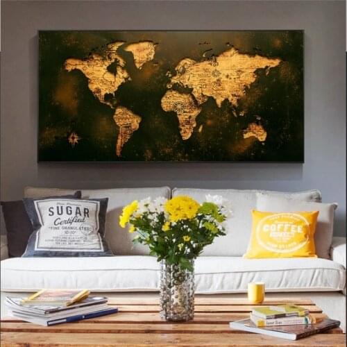 Abstract Golden World Map Posters Print on Canvas Large Retro Map Hanging Pictures for Living Room Decor No Frame