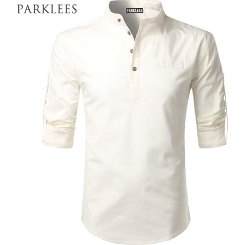 White Shirt Men 2017 Rolled Up Sleeve Mens Dress Shirts Slim Fit Cotton Linen Male Shirt Casual Henley Shirt Camisa Masculina