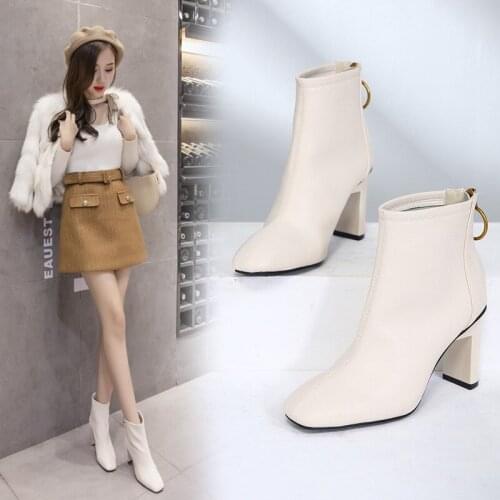 White leather winter boots women designer back zipper high heels botas mujer big metal circle ankle boots square toe botines 488
