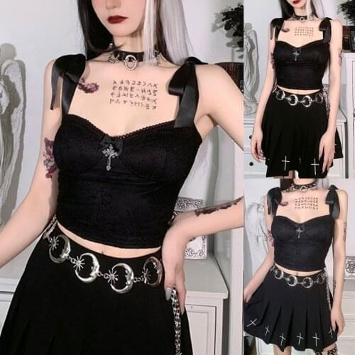Women Gothic Punk Sexy Floral Lace Crop Top V-Neck Backless Tie-Up Bandage Strap Camisole Harajuku Metal Cross Pendant Slim Vest