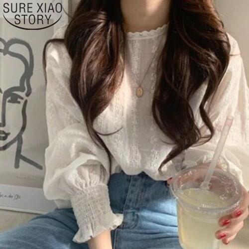 Elegant women blouses lantern sleeves o neck lace white floral print vintage casual sweet korean style femme tops modis 5136 50