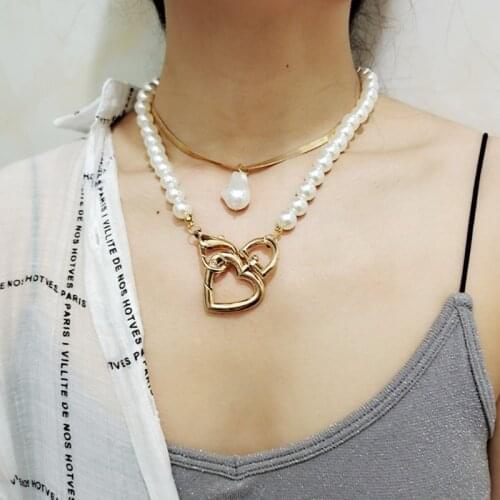 Exknl Fashion 2 Layers Pearls Geometric Pendants Necklaces For Women Gold Metal Love Chain Necklace New Design Jewelry Gift