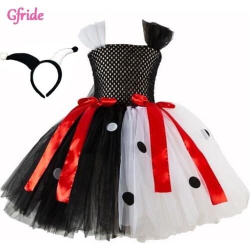 Princess Girl Clown Costume For Kids Black WhiteTutu Dress With Headband Children Dress Up Halloween Party Dress Kids Clothing
