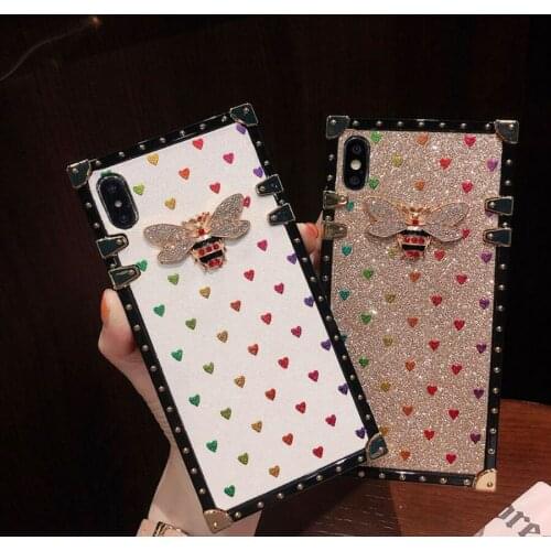 Fashion Brand Square Bee Love Heart Glitter Phone Case For Samsung Galaxy S10 Plus S9 J4 J6 S8 Note 9 10 8 M20 M30 A50 A10 A20