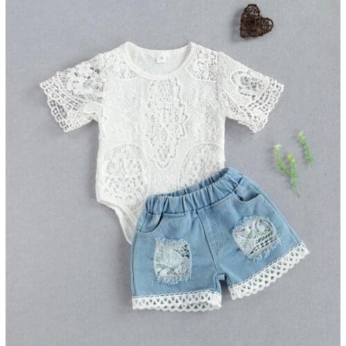 2Pcs Fashion Baby Girls Outfit Summer Breathable Round Collar Short Sleeve Hollow Lace Romper Ripped Denim Shorts Babys Sets