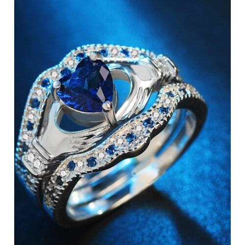 Fashionable Blue Gemstone Three-piece Set Micro Zircon Plated Heart-shaped Engagement Ring Bridal Jewelry Wedding Ring