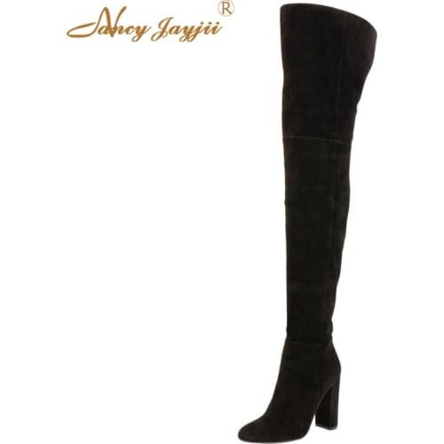 Nancyjayjii Women Winter Black Round Toe Suede Over the Knee High Heels Boots Shoes for Woman,botas zapatos mujer
