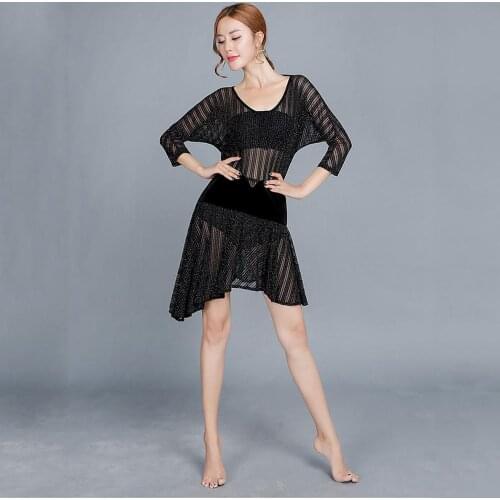 Latin dance practice clothes samba dance dance deep V-neck mesh yarn swing skirt split skirt skirt show dance clothes dance set