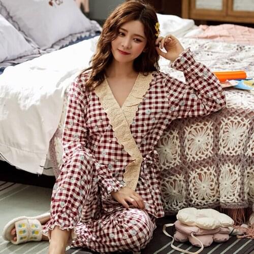Japanese kimono pajamas womens cotton lace V-neck palace style sexy nightwear plaid home service large size sleepwear pijamas