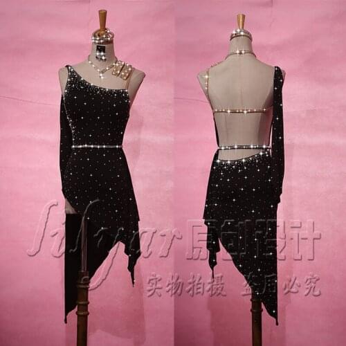 New Latin Dance Dress Competition Dress Dance Skirt Latin Dance Costumes Skirt Performing Dress Sparkly Rhinestones Black Rumba