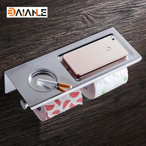 Stainless Steel Luxury Bathroom Toilet Paper Holder Bathroom Shelf 2 Roll Holder with Mobile Phone Storage Shelf Rack