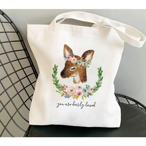 Kawaii Cute Animal Deerlet Bouquet Blooming Flower Printed Tote Bag Pretty Fashion Travel Valise Storage Bag Handbag Package