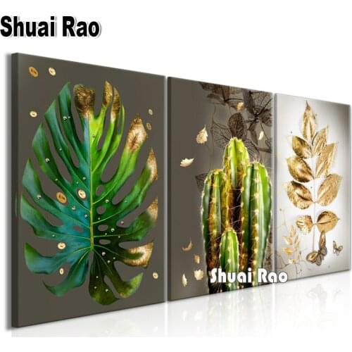 Triptych Diamond Embroidery Cactus Plant Full Square/Round Drill 5D DIY Diamond Painting Mosaic Cross Stitch Leaves Home Decor