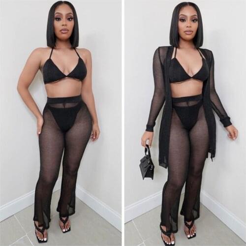 Spring Summer Clothing Sexy Mesh Sheer Four-piece Set Women Pant Suits Fashion Nightclub Vacation Outfit Streetwear Wholesale