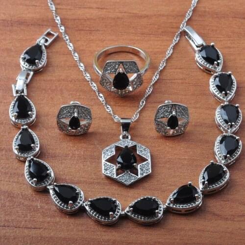 Bridal jewelry Black Crystal Jewelry Sets For Women Earrings And Necklace Set With Ring Bracelet Birthday Gift JS0648