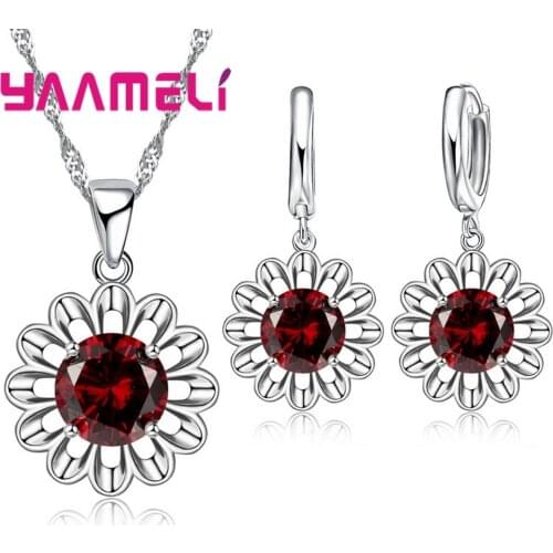 Factory Price Fashion Jewelry Sets For Women 925 Serling Silver Red Wine Color Sunflower CZ Necklace Pendant Earrings