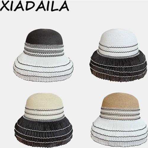 2021 Detachable lace accessories Beach Foldable Hats for WomenSummer Large Brim Straw Hat Floppy Wide Brim Sun Cap Feminino Caps