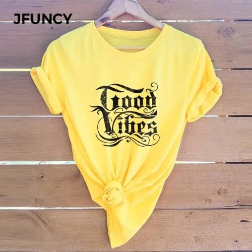 JFUNCY Women Cotton T-shirts Summer Plus Size O-Neck Short Sleeve Women T Shirt GOOD LIFES Print Multicolor Female Tees Tops