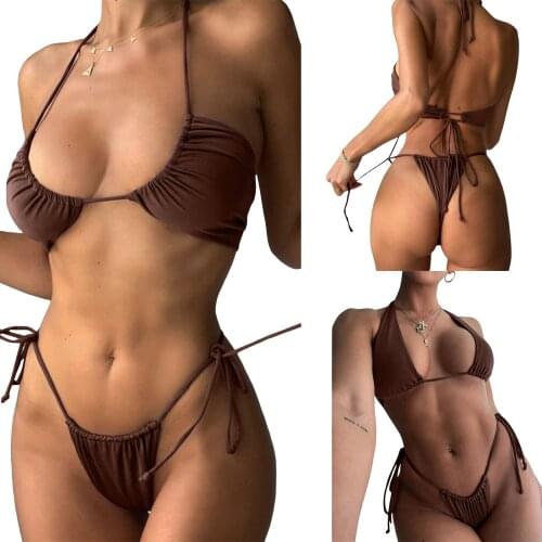 Women’s Sexy Two Piece Bikini Suits Fashion Solid Color Halter Tops and Tie-up Mid-waist Thong