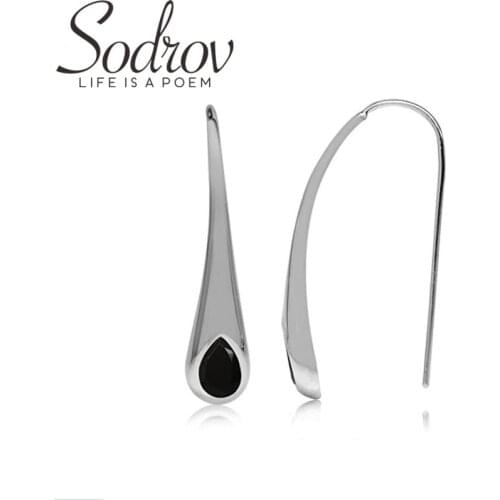 SODROV 2021 New Genuine 925 Sterling Silver Earrings Hoop Earrings for Women Black Spinel Silver 925 Jewelry I178