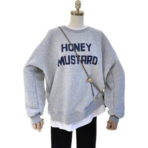 Casual Stitching Fake Two Clothes Female Loose Autumn Winter Plus Velvet Women Sweatshirt Print Letters Honey Mustard Pullover