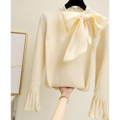 LJSXLS 2021 Autumn Winter Korean Fashion Women Clothes White Slim Knitted Sweater Elegant Bow Pullover Flare Sleeve Tops Female