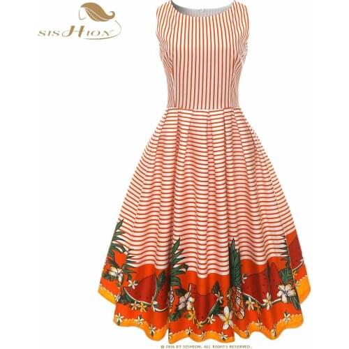 SISHION Elegant Floral Dress Women Sleeveless Cotton Yellow Orange Navy Blue Swing Pleated Striped Vintage Retro Dress VD0936