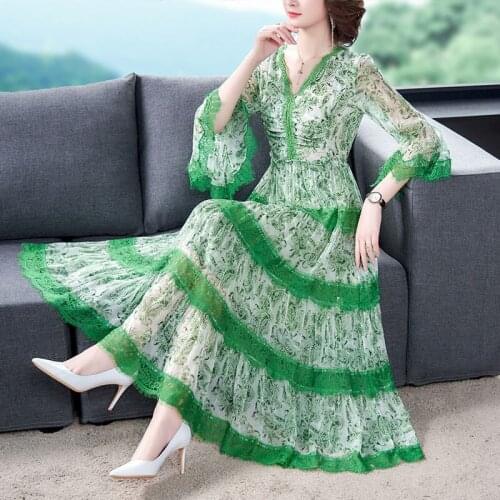 V-Neck Fashion Printed Dress Ethnic Style Clothing Flare Sleeve Lace Patchwork Floral Women Runway Dress Elegant Robes 2021 y504