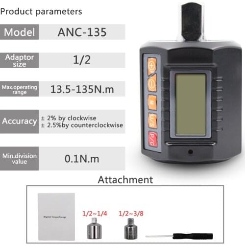 1/2 Adjustable Torque Tester ANC-135 Sets With Torque Adapter Digital Torque Meter Wrench Head Bike Set Car Repair Bicycle
