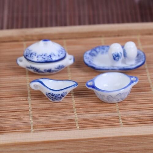 15Pcs/set Cute Blue Mini Dollhouse Ceramic Printing Tableware Bowl Food Dishes Plates Kitchen Toy