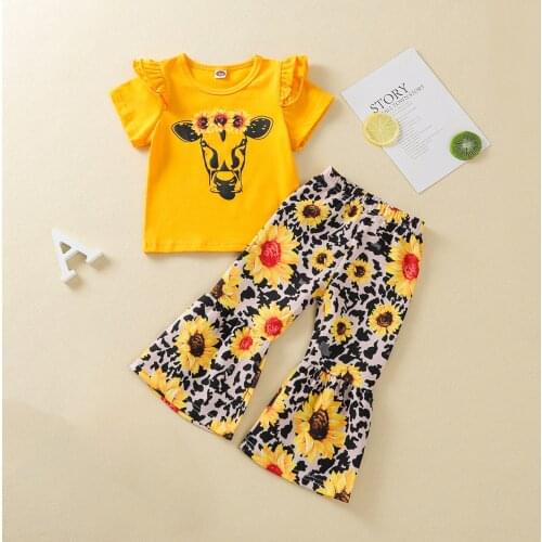 2pcs Fashion Children Kids Girls Flower Print Round Neck Short Sleeve Pullover Top + Flared Trousers