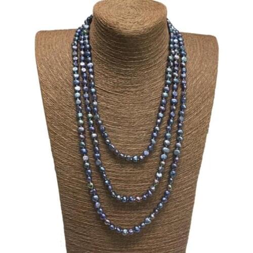 3 rows real pearl 6x7mm black colors necklace flat baroque Freshwater PEARL Women Jewelry 43cm 17