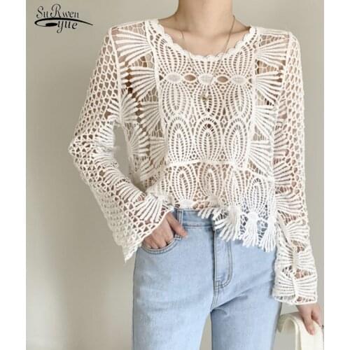 O-Neck Long Sleeve Sunscreen Shirt Woman Korean Office Lace Blouse Sweet Hook Flower Hollow Chic Elegant Chemisier Femme 12693