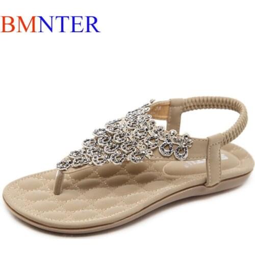 BMNTER Womens shoes sandals 2021 summer new style sandals lace rhinestones Bohemia foreign trade large size elastic flat shoes