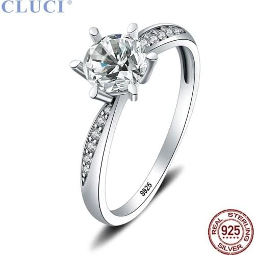 CLUCI Real Silver 925 Classic Twisted Ring Six Claw Prong Setting Zircon Women Wedding Ring Gift Jewelry DR1027SB