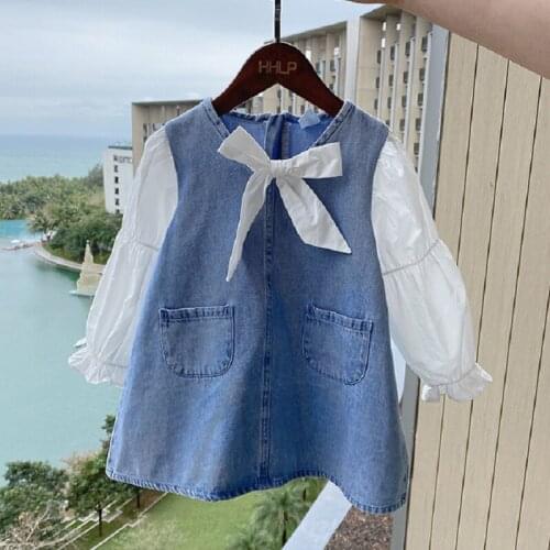 Qunq 2021 New Girls Denim Dress Long Sleeve Puff Sleeve Summer Fall Kids Dresses for Girl Bow O-neck Toddler Children Costume